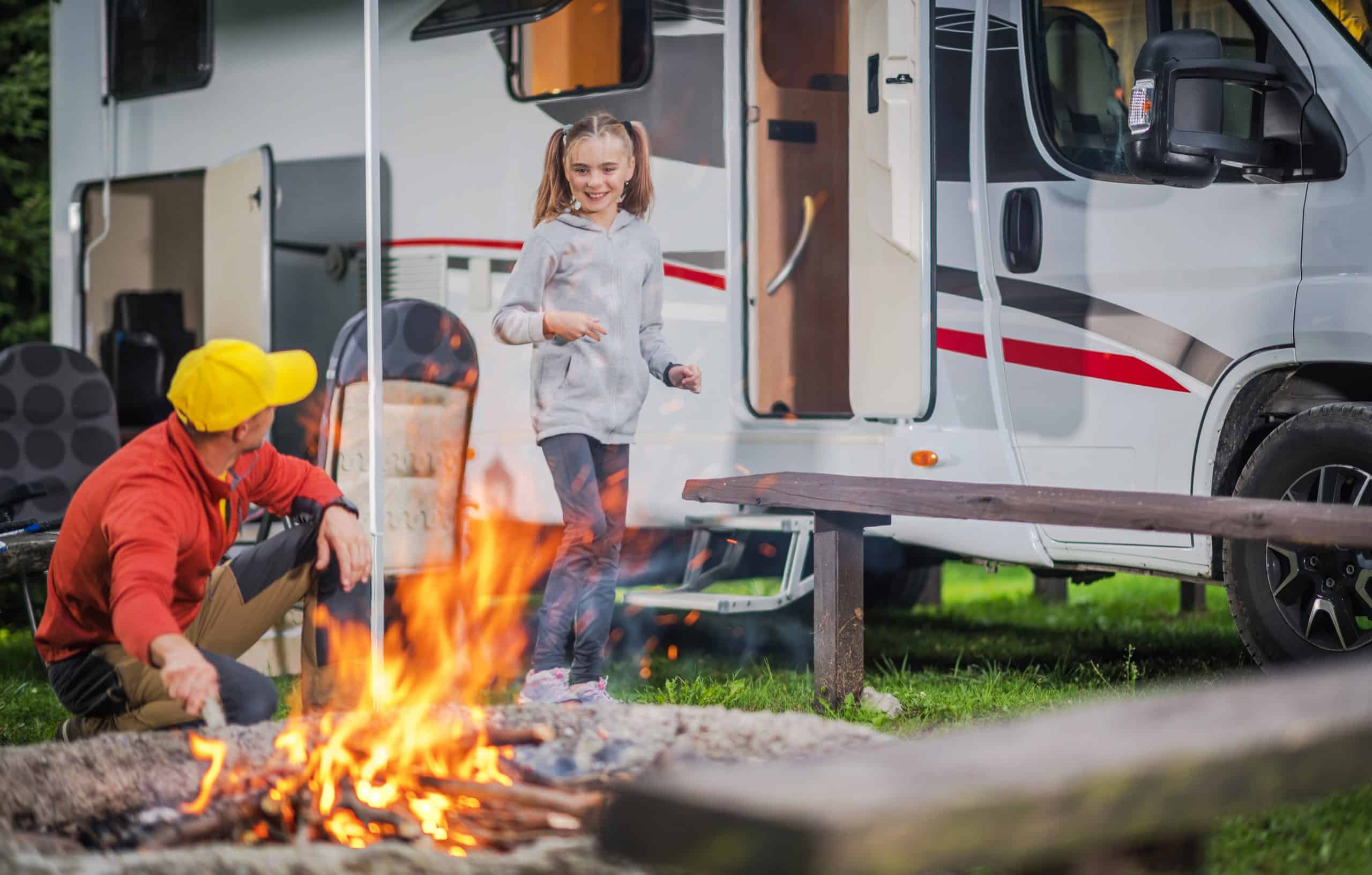 family rv road trip campsite
